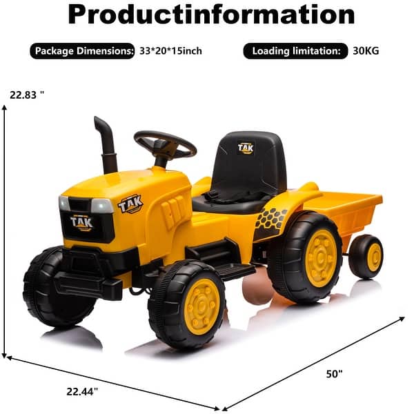 12V Ride-On Tractor for Kids Ages 3-6, Electric Excavator with Detachable Trailer, Remote Control, Bright Headlight, and Music