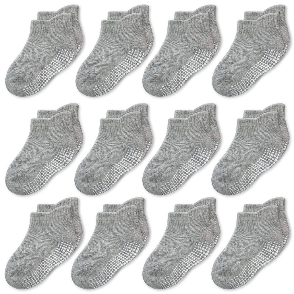 CozyWay Non-Slip Ankle Style Socks with Grippers, 12 Pack, Gray, 0-6 Months, Unisex