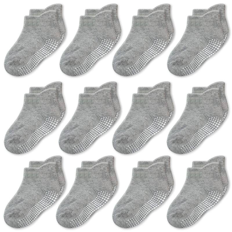CozyWay Non-Slip Ankle Style Socks with Grippers, 12 Pack, Gray, 6-12 Months, Unisex