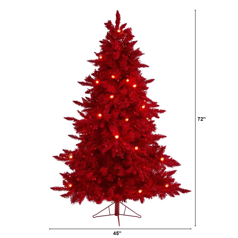 6ft. Red Flocked Fir Artificial Christmas Tree with 350 Red Lights, 33 Globe Bulbs & 748 Branches - Vibrant X-Mas Showpiece