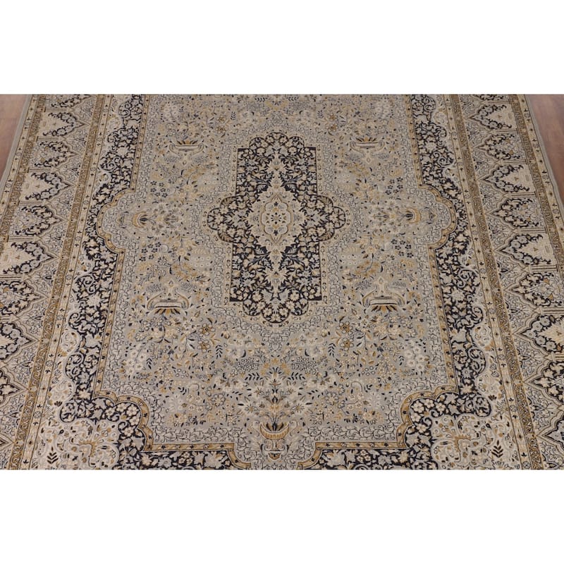Traditional Grey Kashan Turkish Area Rug Machine Made Floral Carpet - 9'9" x 12'11"