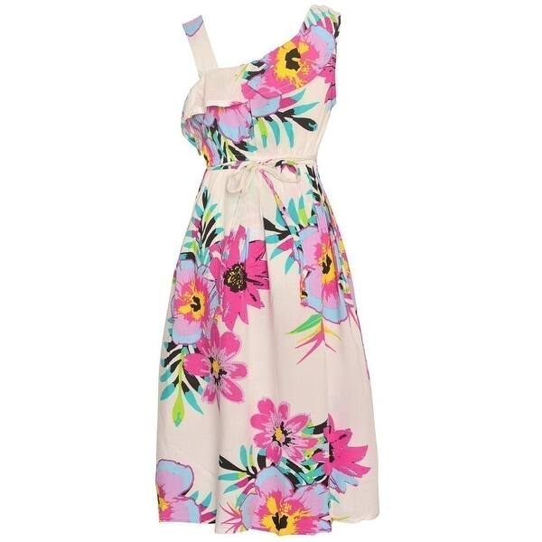 Shop Little Girls Fuchsia Floral Print One Shoulder Strap Casual