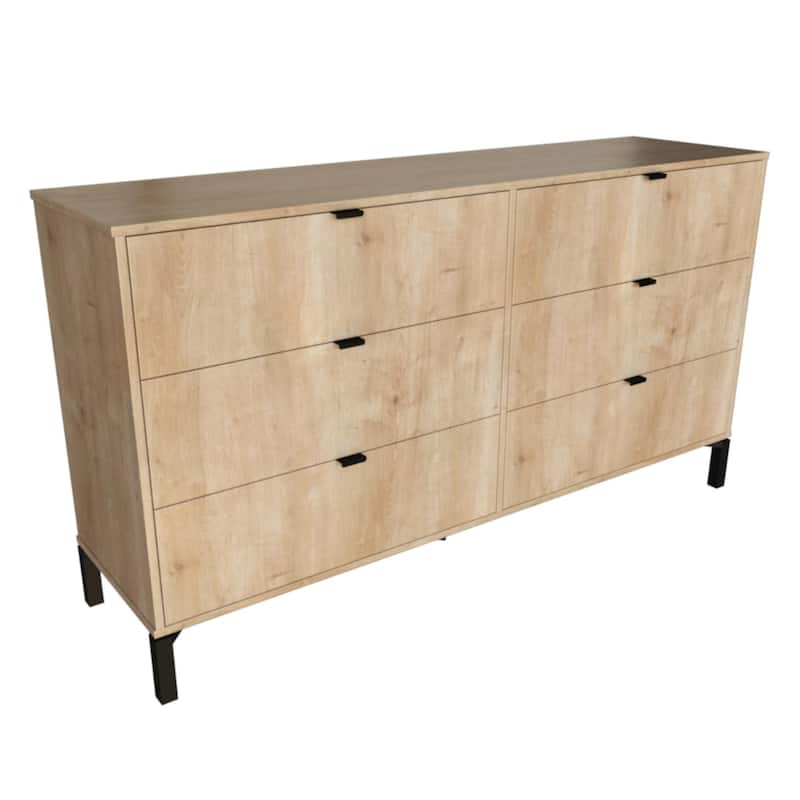 HomeRoots 59" Light Natural Manufactured Wood with Black Six Drawer Double Dresser