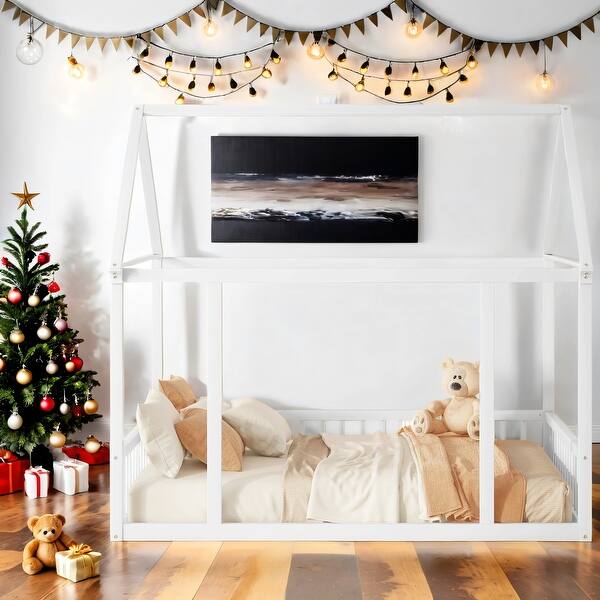 slide 2 of 13, Full Size Floor Wooden House Bed with House Roof Frame and Safety Guardrails For Home White
