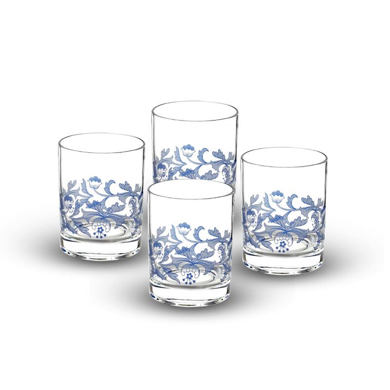Spode Blue Italian Set of 4 Double Old Fashioned Glasses - 14 oz - Clear and Blue