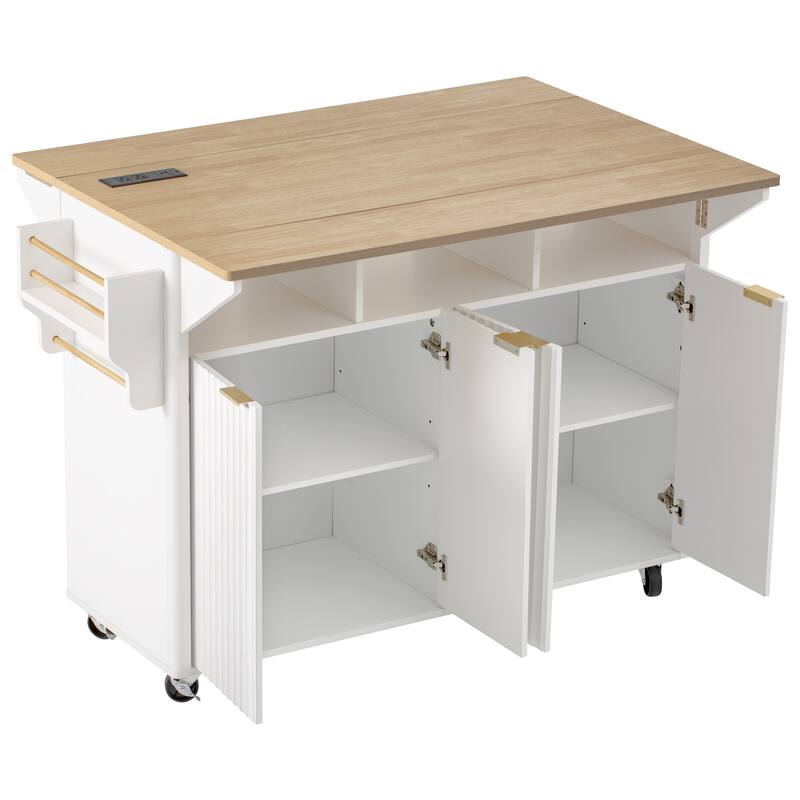 55.5" Fluted Kitchen Island with 2 Drop Leaf and Power Outlet