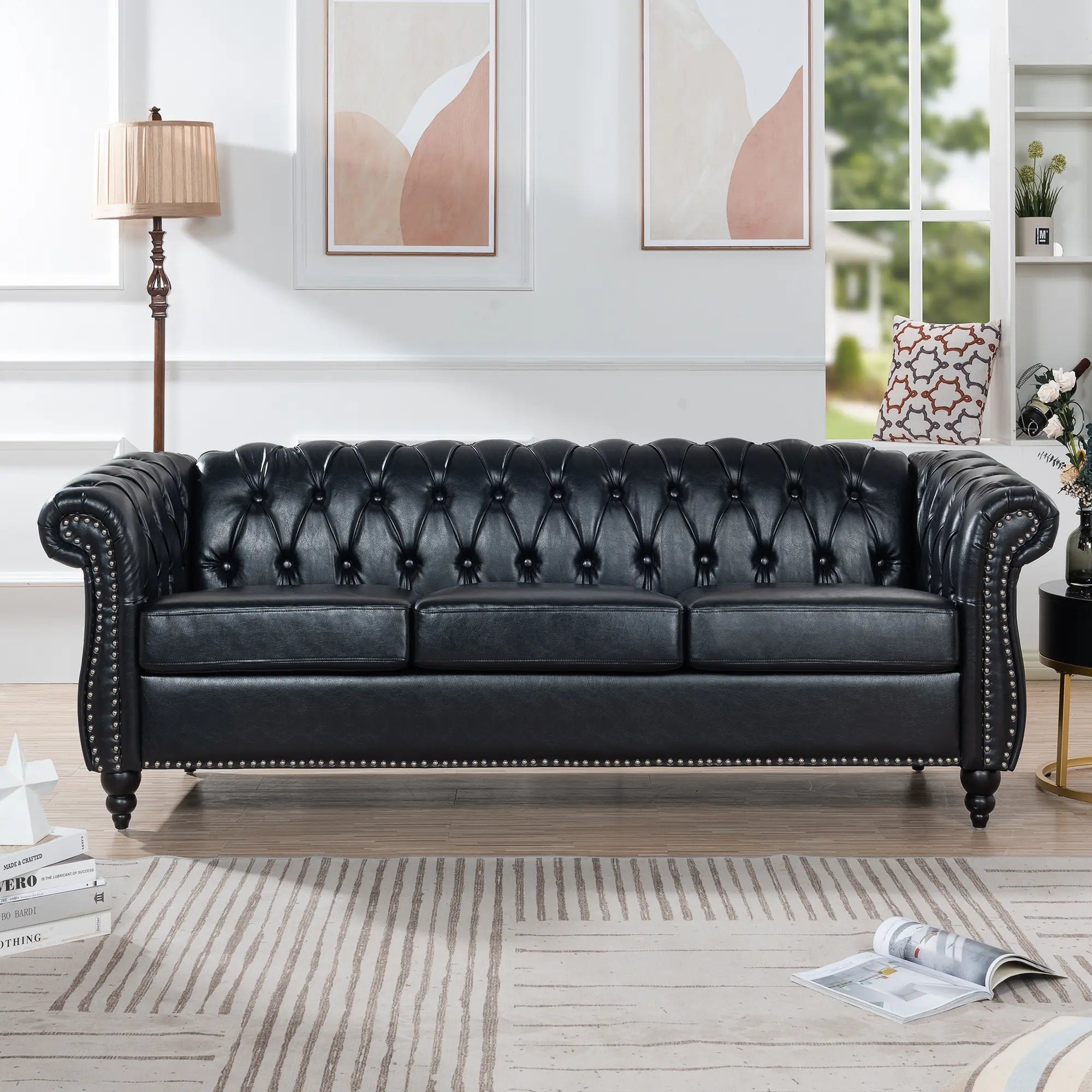 3-Seater Chesterfield Sofa PU Leather with Rolled Arms and Sturdy Fra