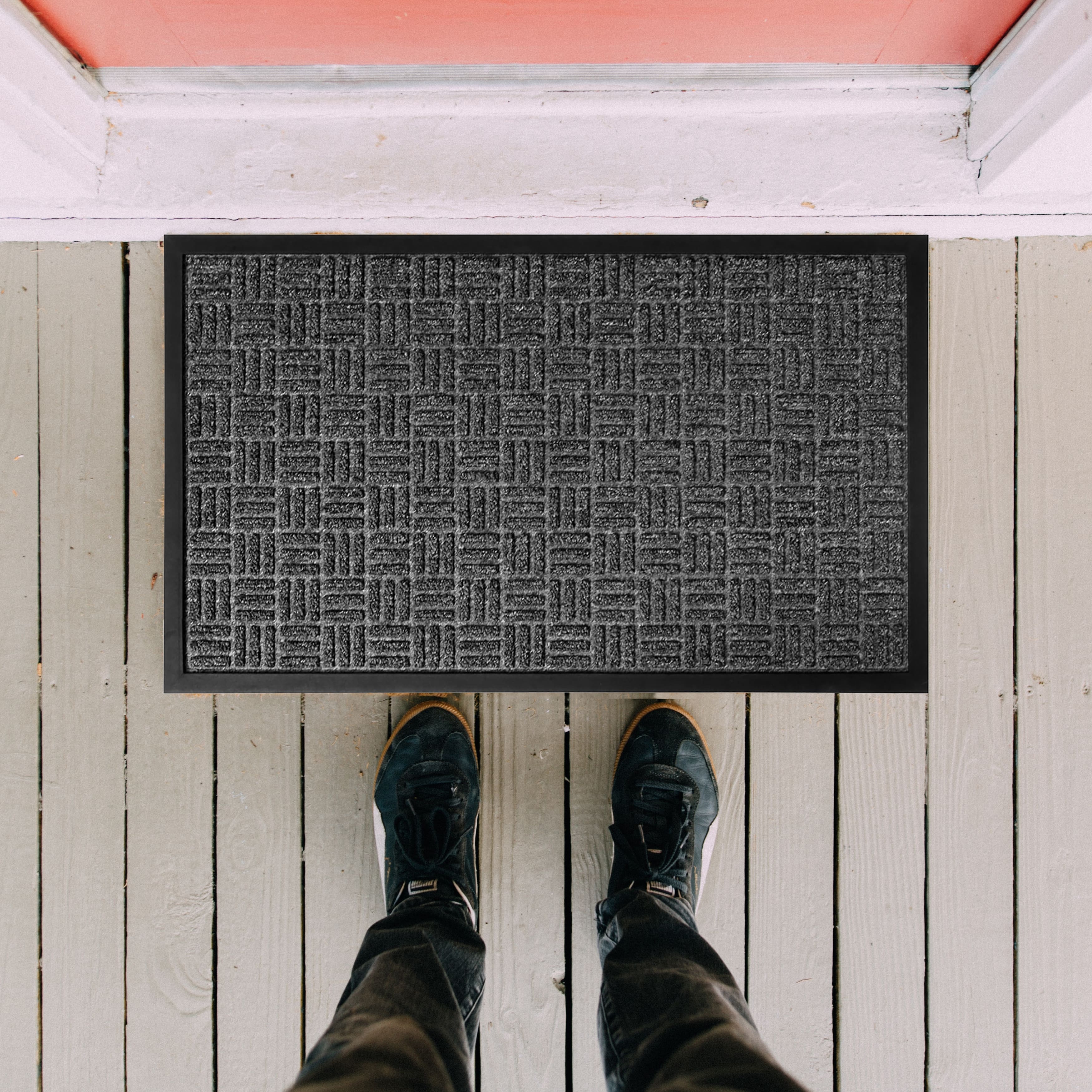 Outdoor Front Door Mat Checkerboard Yvan Polypropylene Rubber Rug Grey