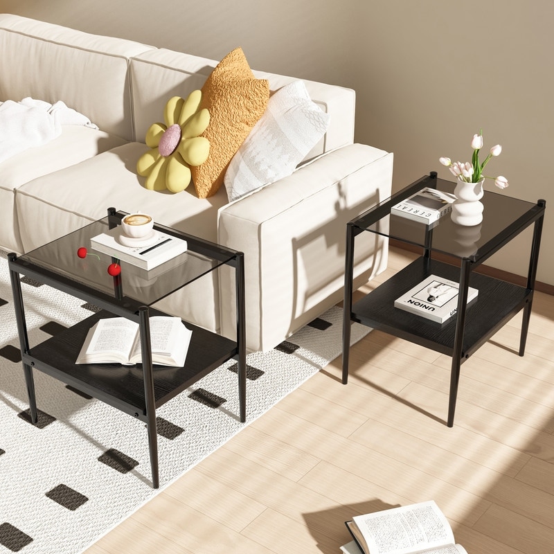 Set of 2 Rectangular Tempered Glass and MDF End Tables for Living Room