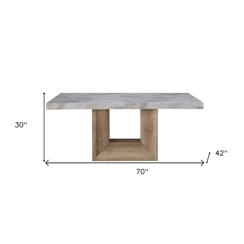 HomeRoots 70" White and Natural Faux Marble and Wood Pedestal Base Dining Table - 70 in. x 30 in. x 42 in.