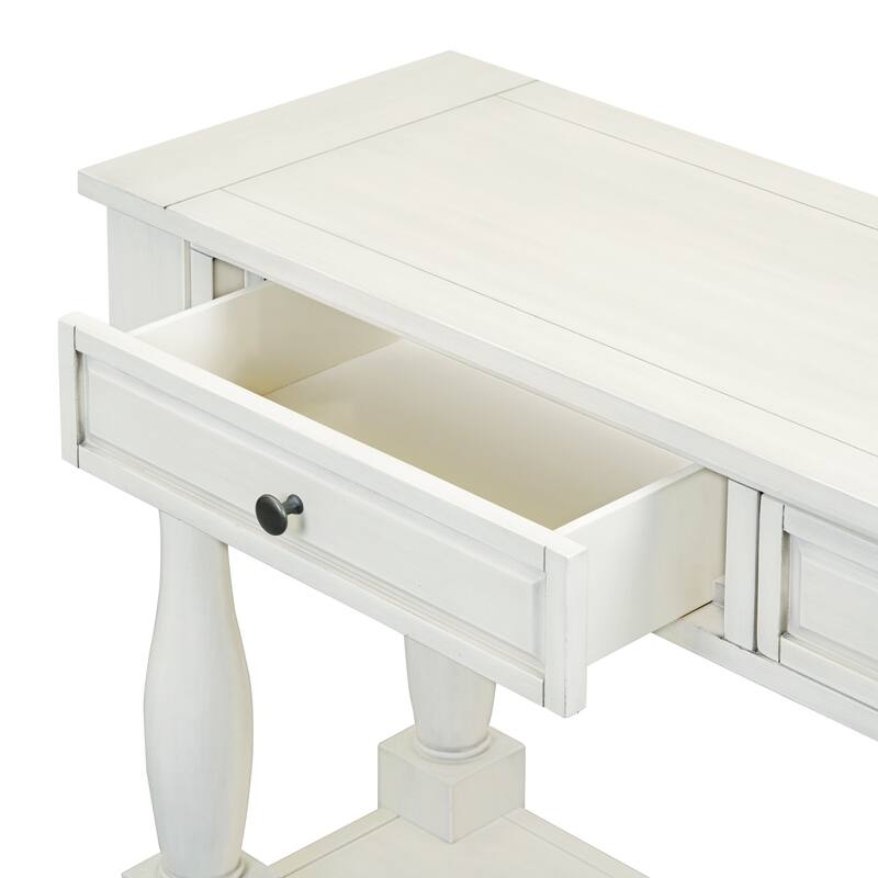 Long Console Table with Drawers and Shelf - Antique White