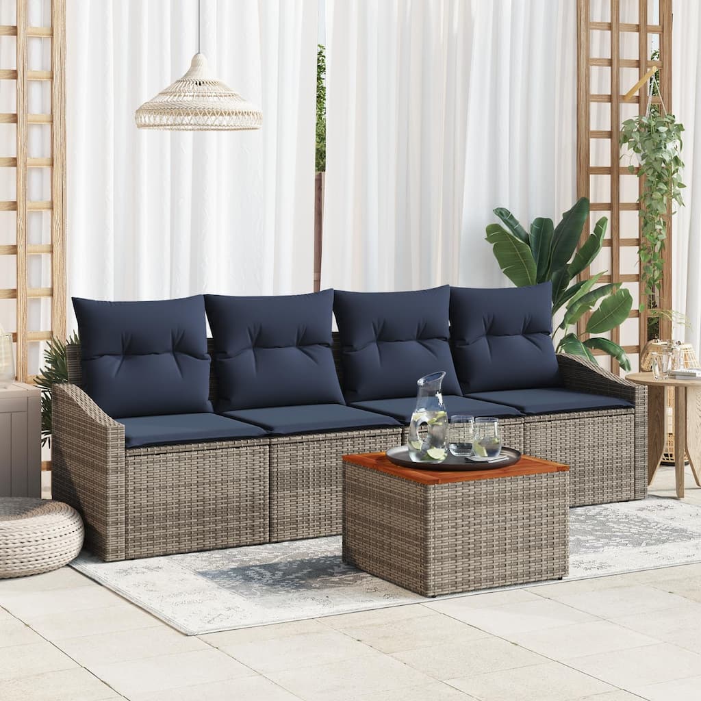 vidaXL 5 Garden Sofa Set with Cushions Black/Grey Poly Rattan - 91.7 x 24.4 x 27.2