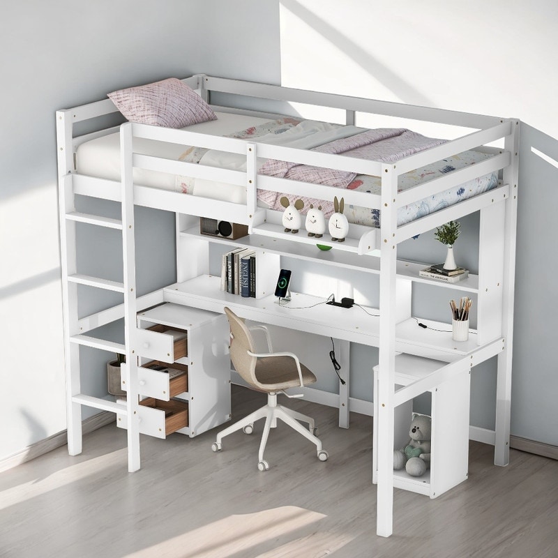 Twin Size Loft Bed with Multi storage Desk LED light and Bedside