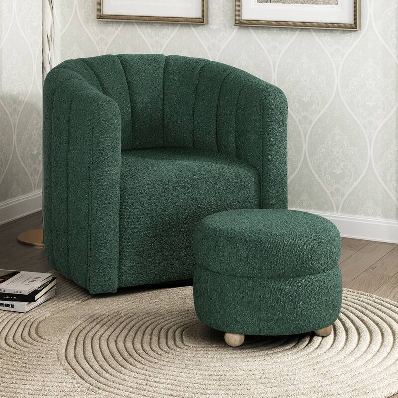 Arden 31" Boucle Swivel Chair with Ottoman - Solid Wood Legs