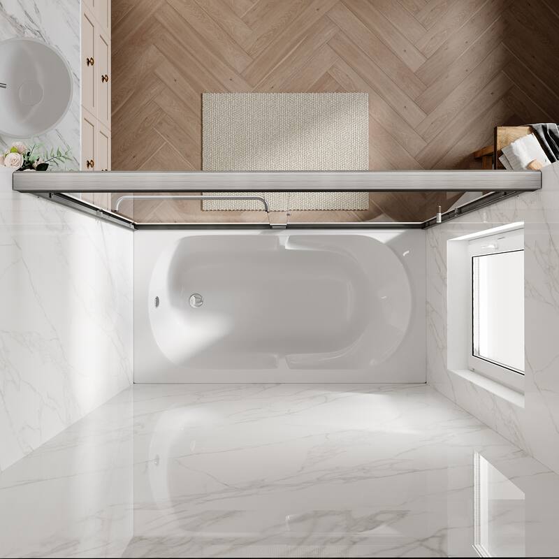 Elegant Bathtub Double Sliding Shower Door 60" W x 62" H in Brushed Nickel Finish with 1/4'' Clear Tempered Glass - 60" x 62"