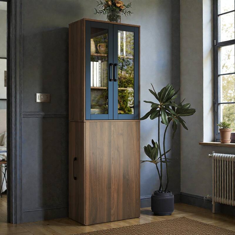 70.87" Tall Display Storage Cabinet with 4-Tier Pull-Out Shelf & Glass Doors, Modern Wooden Kitchen Pantry for Home