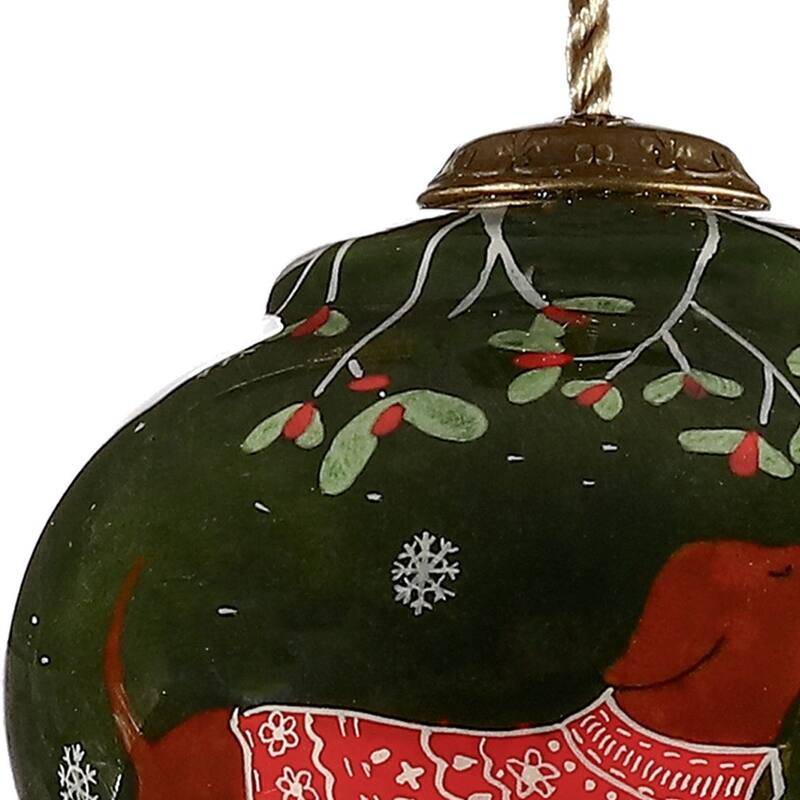 Trotting Dog in Comfy Christmas Attire Hand Painted Mouth Blown Glass Ornament - 3.75" x 2.75" x 2.75"