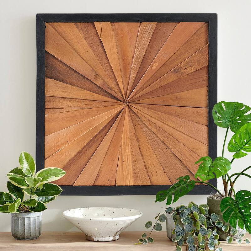 Teak Wood Square Wall Decor Geometric Pattern Hanging Decoration