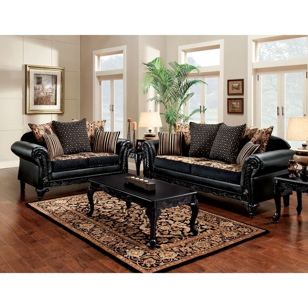 Chateau Traditional Black Faux Leather 2 Piece Sofa Set by
