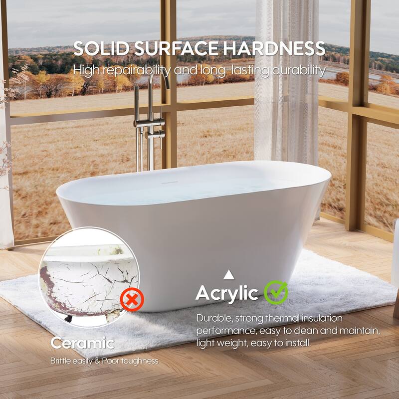 Glossy White Freestanding Soaking Bathtub, 100% Pure Virgin Acrylic with Drain And Overflow