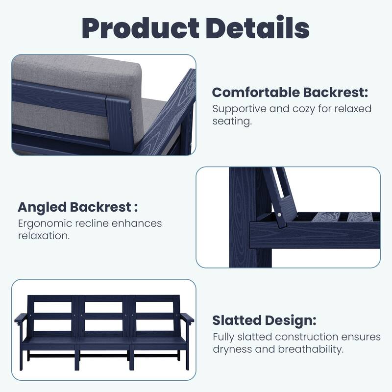 Outdoor Patio HDPE 3-Seat Sofa and Coffee Table Set, Removable Cushions Included