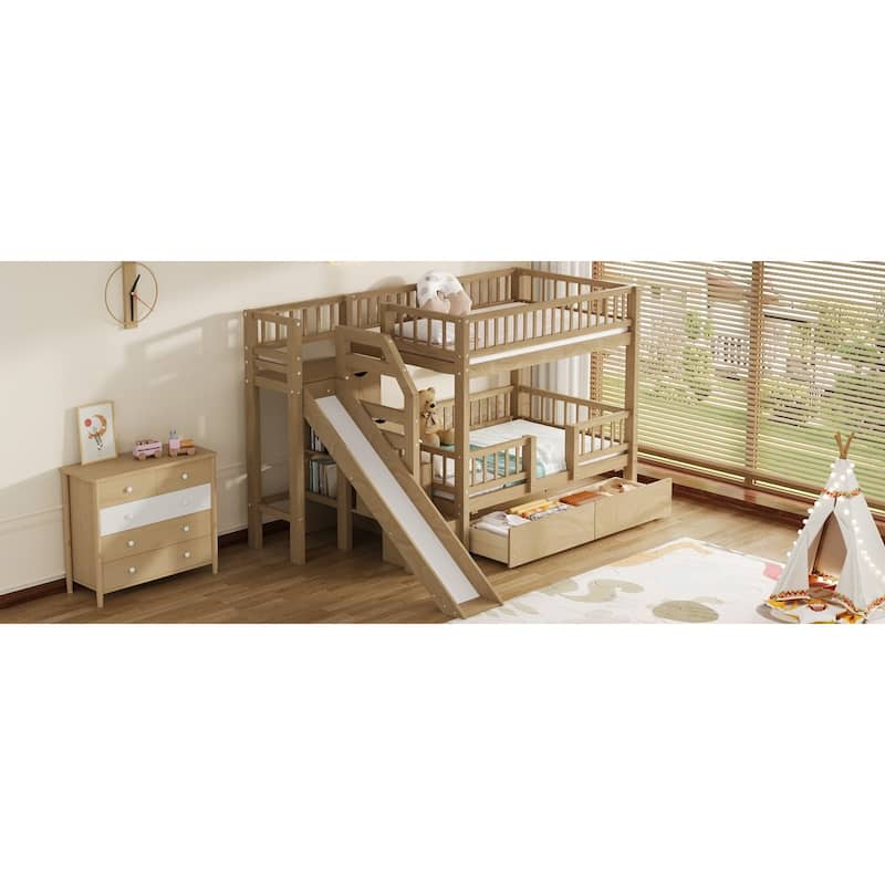 Roomfitters Twin Over Twin Bunk Bed with Slide, Storage Staircase and Drawers