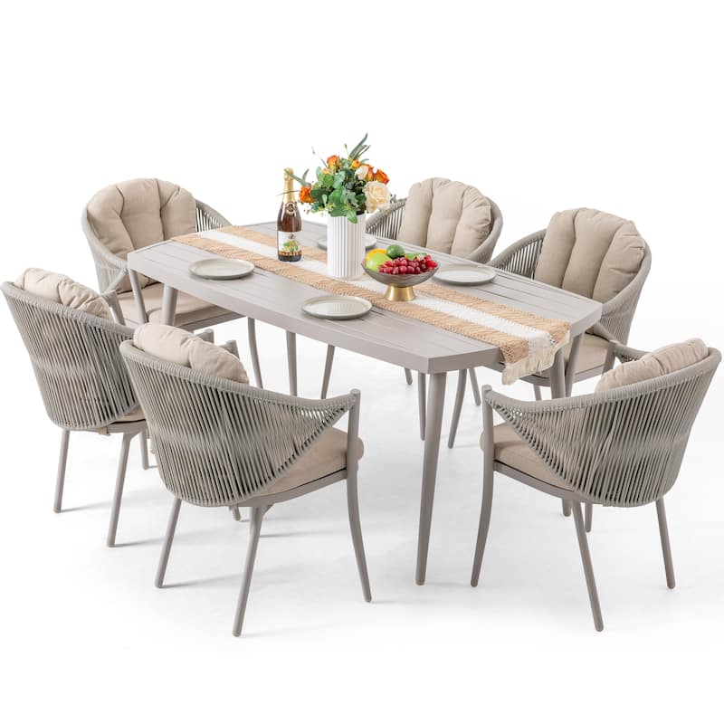 Patio 7-Piece Dining Set with Cushions and Pillows, Umbrella Hole, Beige