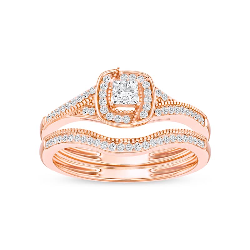 1/3ct TDW Diamond Halo Bridal Set in 10K Gold for Women - 9 - Rose