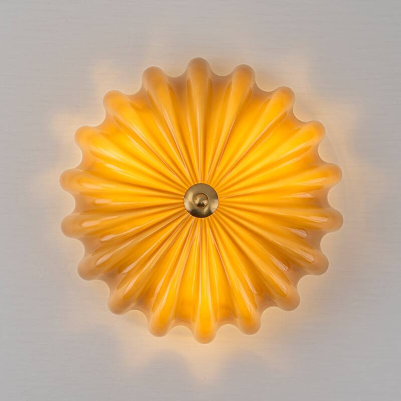 Caramel Brown Art Glass Flower Scalloped Round Ceiling Light - 11.8 Inches