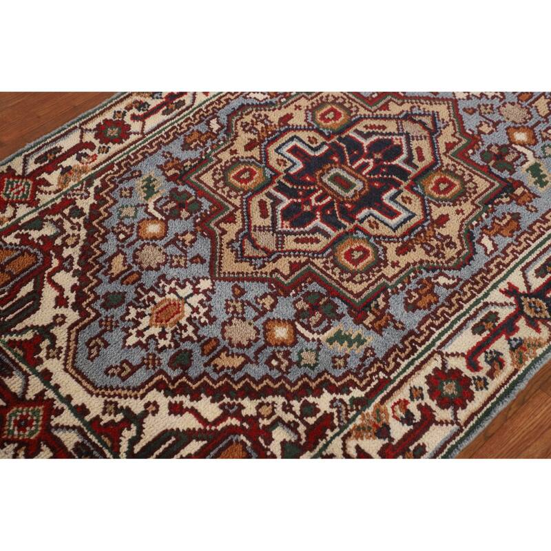 Geometric Blue Heriz Serapi Oriental Accent Rug Handmade Wool Carpet - 3'2" X 5'0"
