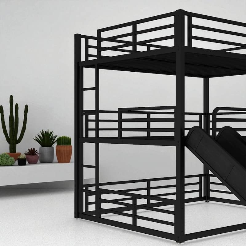 Metal Triple Bunk Bed with Slide, Twin XL/Full/Queen, Safety Guardrails, Quiet Slat Design, Heavy-Duty, Black