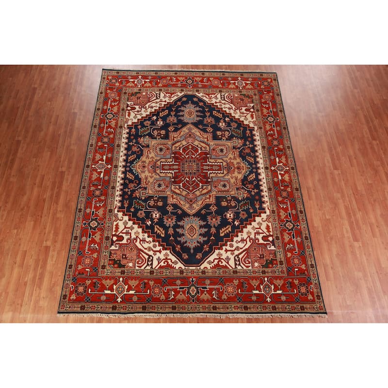 Navy Blue Heriz Serapi Indian Area Rug Handmade Wool Carpet - 9'0" x 11'10"