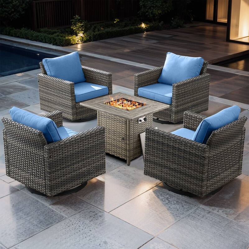 5 Pieces Fire Pit Table with Outdoor Swivel Chairs - Gray Wicker - Blue cushion