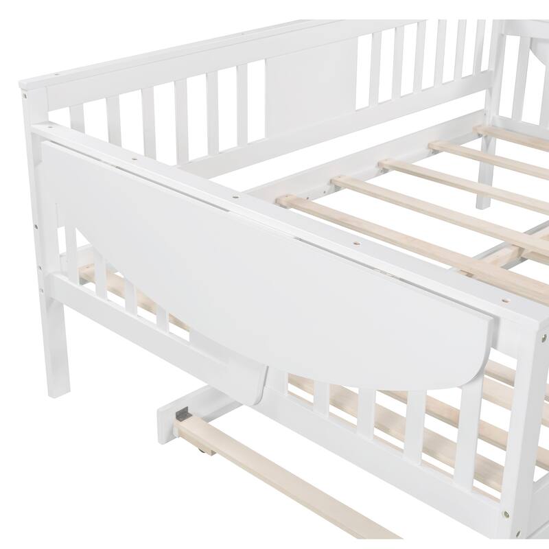Wooden Daybed with Trundle Bed & Slatted Support, Dual-Use Sturdy Sofa Bed for Bedroom or Living Room