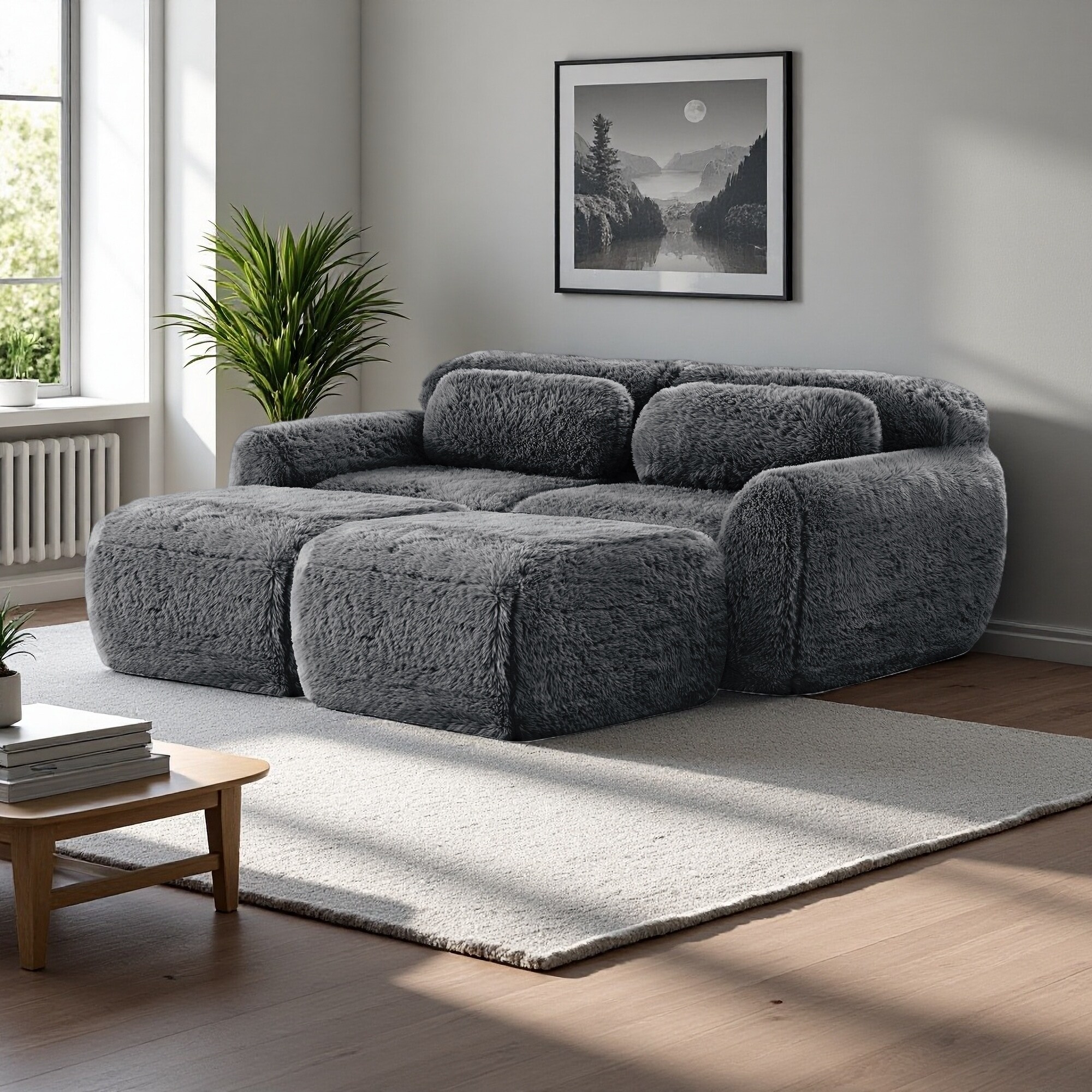 80.4" Plush Boneless Sofa with Chaise, Ottoman and Deep Seat