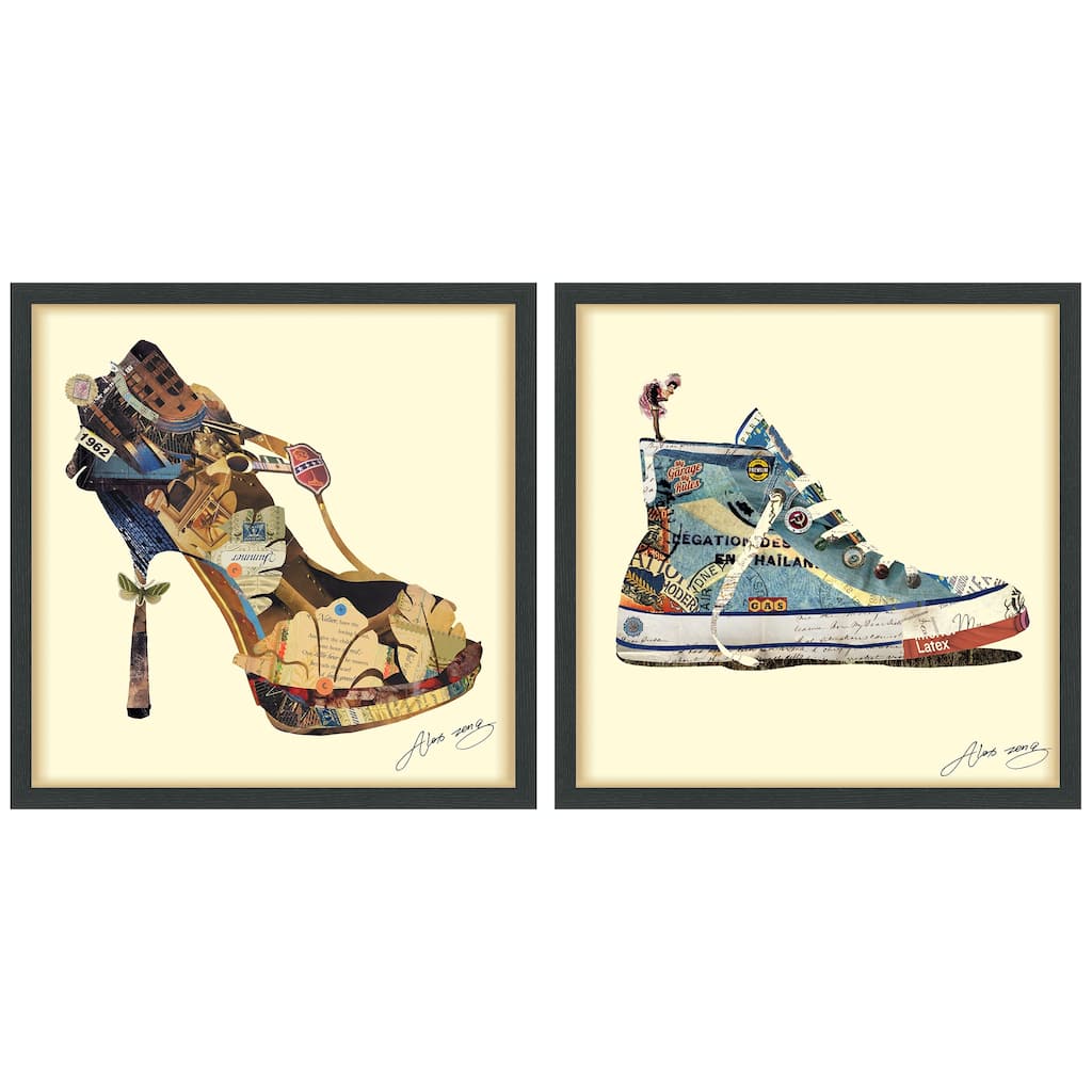 "High Heeled & Top Sneaker" Alex Zeng's dimensional collage, under glass & a black shadow box frame