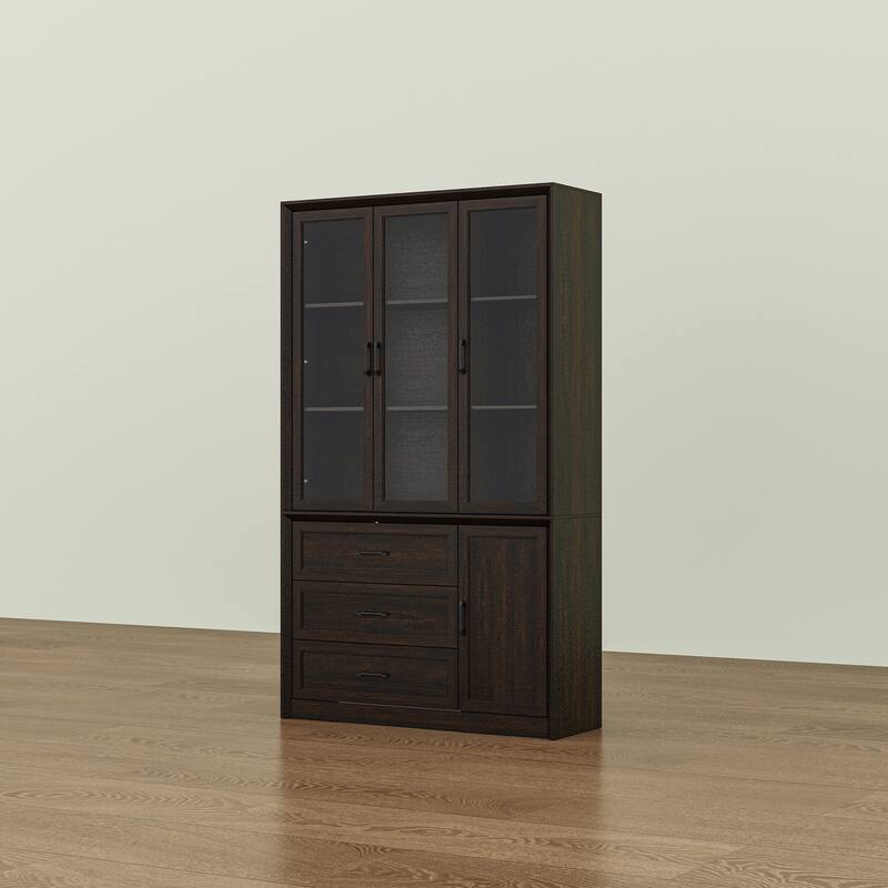 79.6"H Display Bookcase Pantry Cabinet Sideboard with Tempered Glass Doors White/Brown
