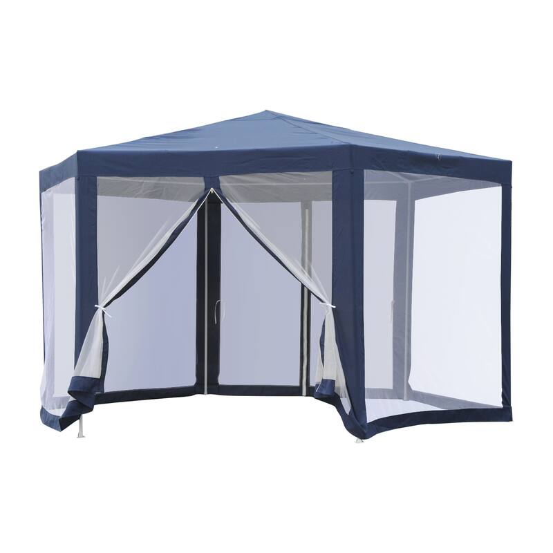 Outsunny 13x13FT Hexagon Gazebo Party Tent with Mesh Screen for Garden Backyard, Blue