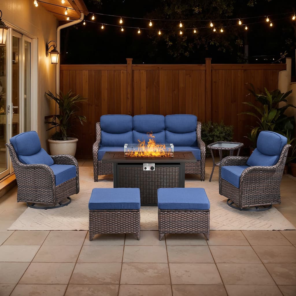 Gymojoy 7-Piece Wicker Patio Furniture Sofa Set with Fire Pit Table, 6-Inch Thick Cushion Swivel Glider Chairs & Ottomans