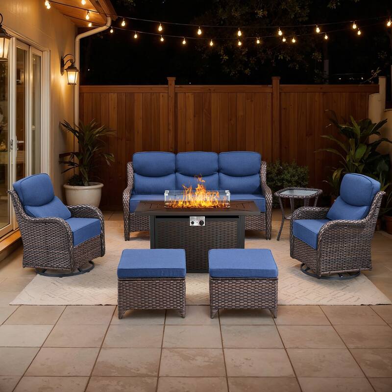 Gymojoy 7-Piece Wicker Patio Furniture Sofa Set with Fire Pit Table, 6-Inch Thick Cushion Swivel Glider Chairs & Ottomans - Brown Wicker / Blue Cusion - 7-Piece