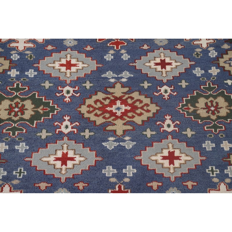 Blue Geometric Kazak Oriental Area Rug Handmade Wool Carpet - 7'10" x 9'9"