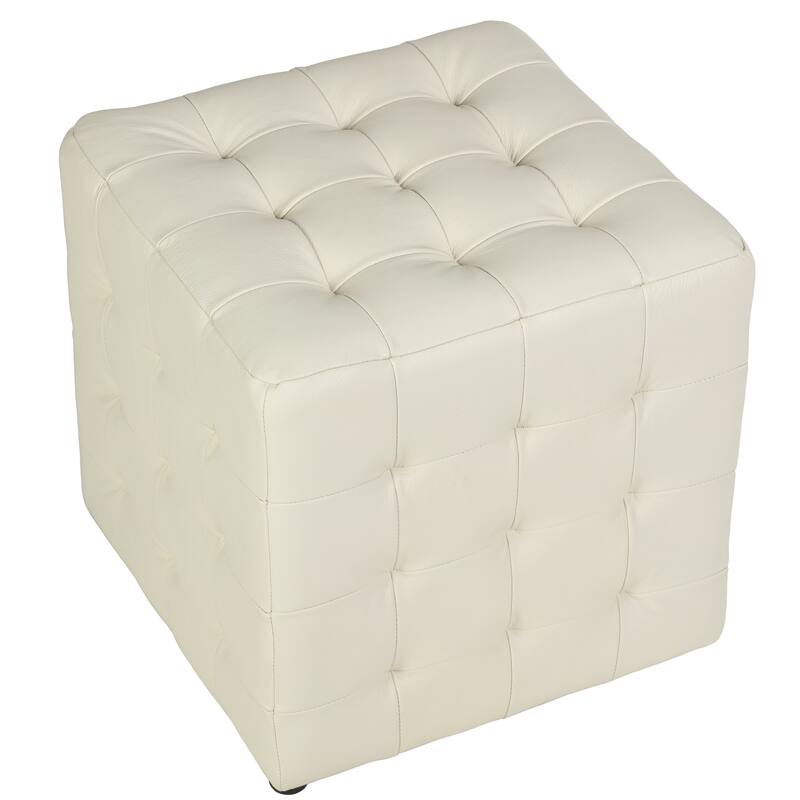 Cortesi Home Charli Tufted Cube Ottoman in 100% Genuine Leather, Cream