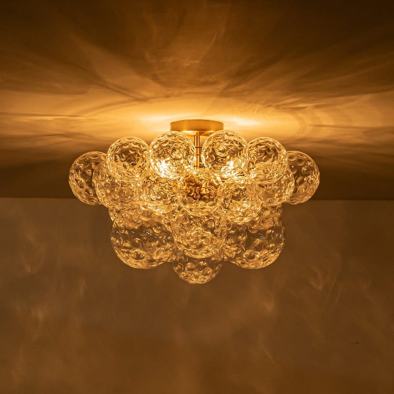 Mid-Century Water Hammered Glass Globe Cluster Bubble Semi Flush Mount