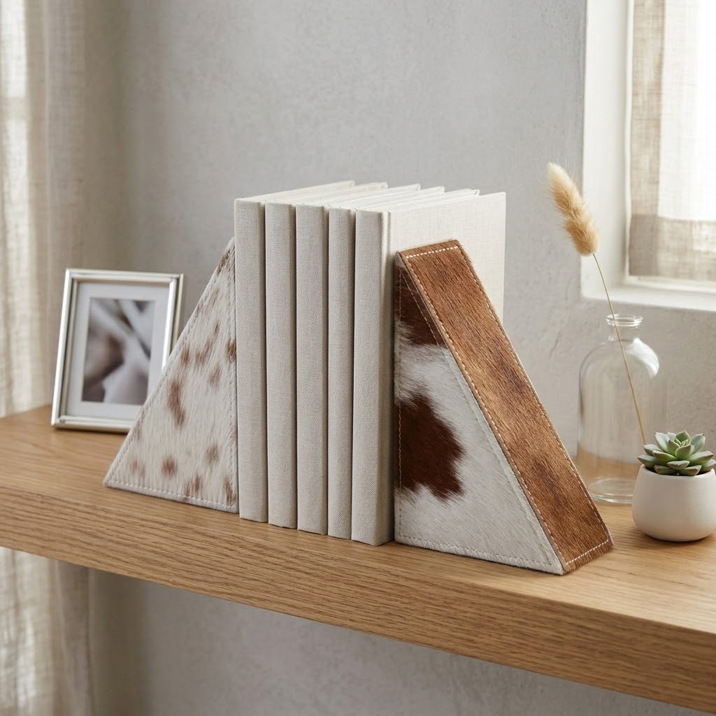 Decorative Leather Cow Print Bookends - Set of 2, 7", Ivory & White - 7.0"