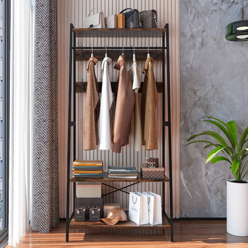 Industrial Clothes Rack Stand with Storage Shelves and 9 Hooks