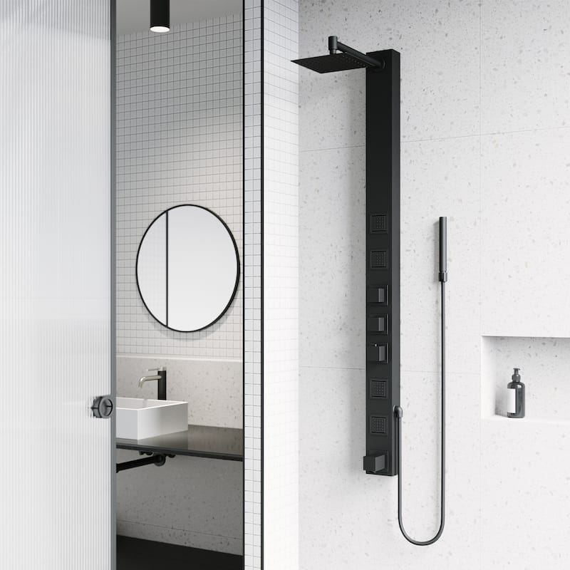 VIGO Bowery 58" H x 4" W 4-Jet Shower Panel with Square Shower Head and Tub Filler - Matte Black
