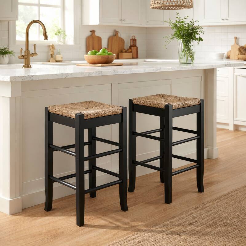 Chris 24 Inch Counter Stool with Wood Frame, Handwoven Rush Seat, Black