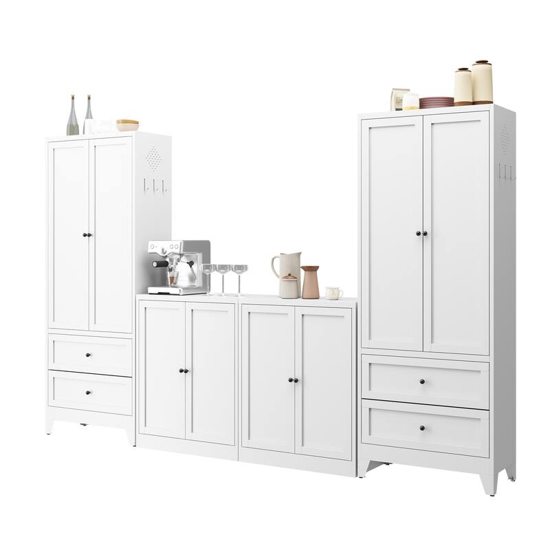 Freestanding Kitchen Pantry Cabinet, Storage Cabinet with Adjustable Shelves, Metal Buffet Cabinet with Hooks & Round Handles