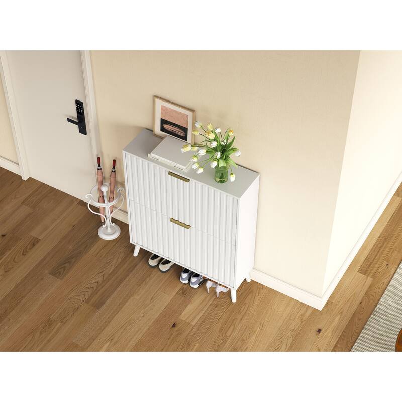 Tipping Bucket Narrow Shoe Cabinet, Multi-functional Shoe Rack Cabinet, Shoe Cabinet with Carved Doors & Solid Wood Legs