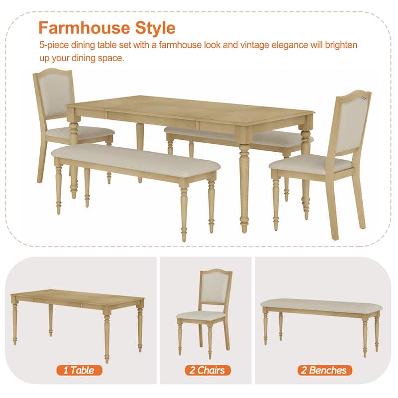 5 Piece Dining Table Set, Farmhouse Wooden Dining Room Set for 6, Oak